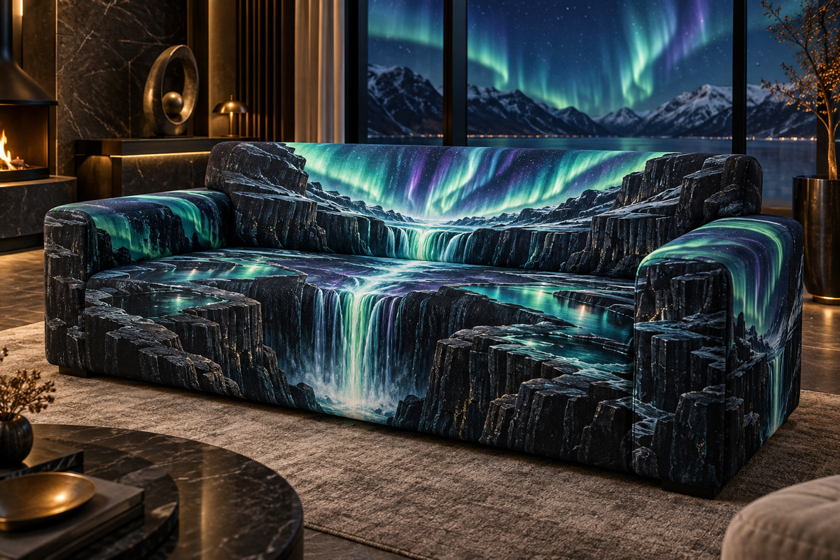Northern Lights Living Room Focal Point Sofa Cover with flat printed optical 3D aurora waterfall canyon in obsidian emerald turquoise electric violet icy white and a modern living room