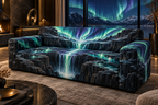 Northern Lights Living Room Focal Point Sofa Cover with flat printed optical 3D aurora waterfall canyon in obsidian emerald turquoise electric violet icy white and a modern living room