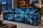 Northern Lights Home Office Backdrop Sofa Cover with flat printed optical 3D aurora glass corridor in deep navy emerald cobalt aqua frosted white and a polished home office