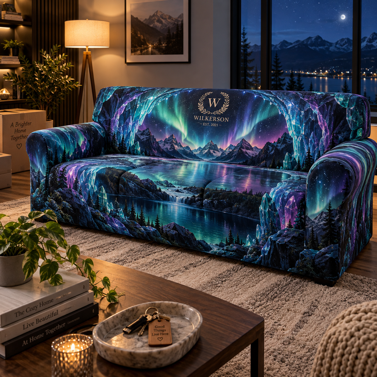 Northern Lights Personalized Housewarming Sofa Cover with personalized family name and flat printed optical 3D aurora portal artwork in emerald cyan violet and midnight blue