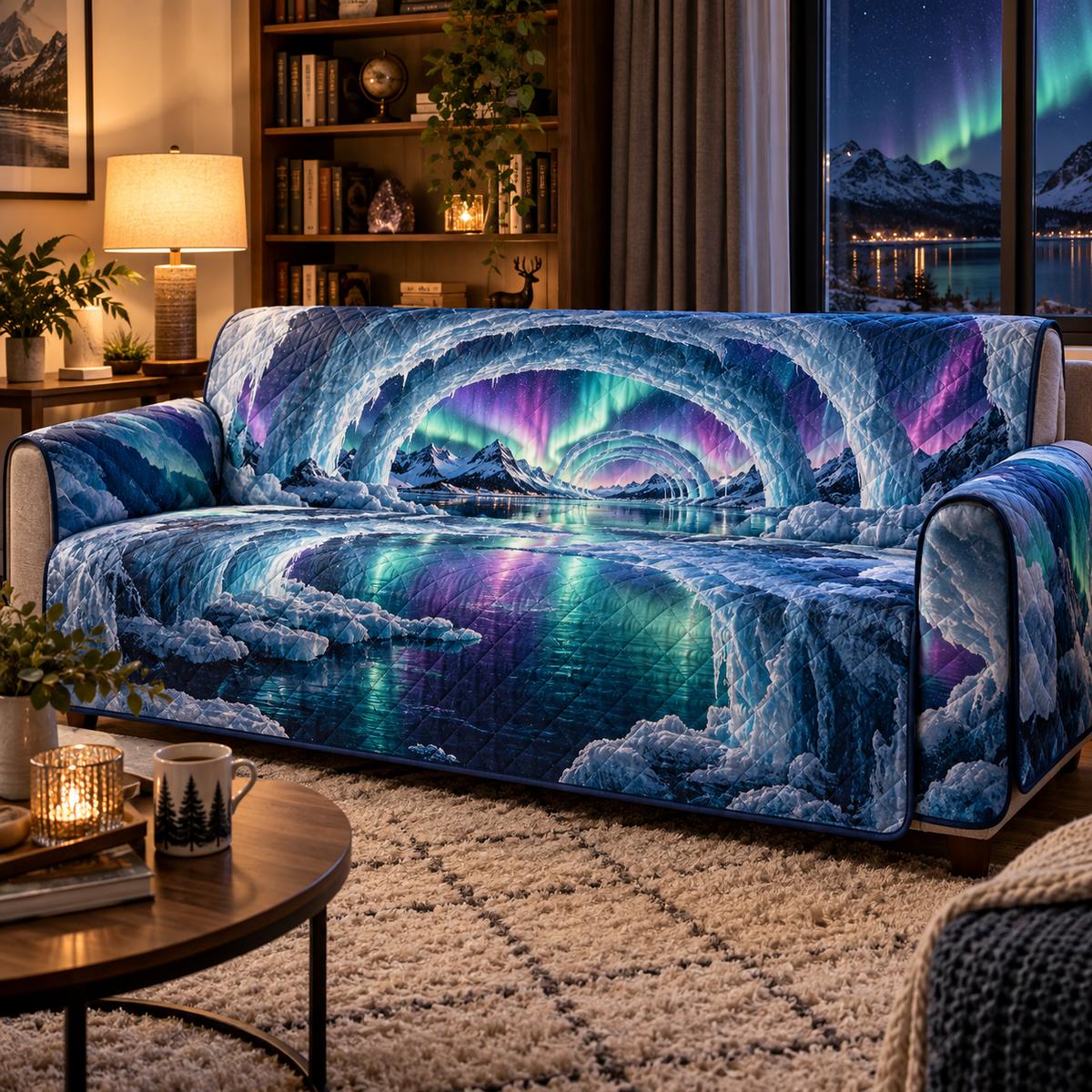 Northern Lights Quiet Corner Sofa Cover with flat printed optical 3D aurora ice portal in emerald cyan violet midnight blue and a serene reading nook
