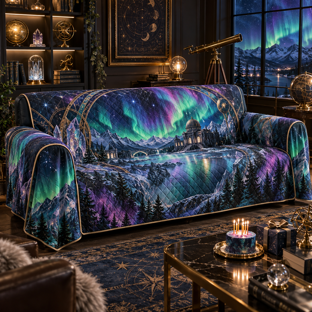 Northern Lights Collector Birthday Sofa Cover with flat printed optical 3D aurora observatory and antique celestial rings in emerald cyan violet navy and gold