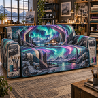 Northern Lights Hobby Studio Sofa Cover with flat printed optical 3D aurora creative studio portals in emerald cyan violet navy and maker tool motifs