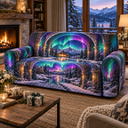Northern Lights Host Thank You Sofa Cover with flat printed optical 3D aurora welcoming arches in emerald cyan violet midnight blue and warm lodge light