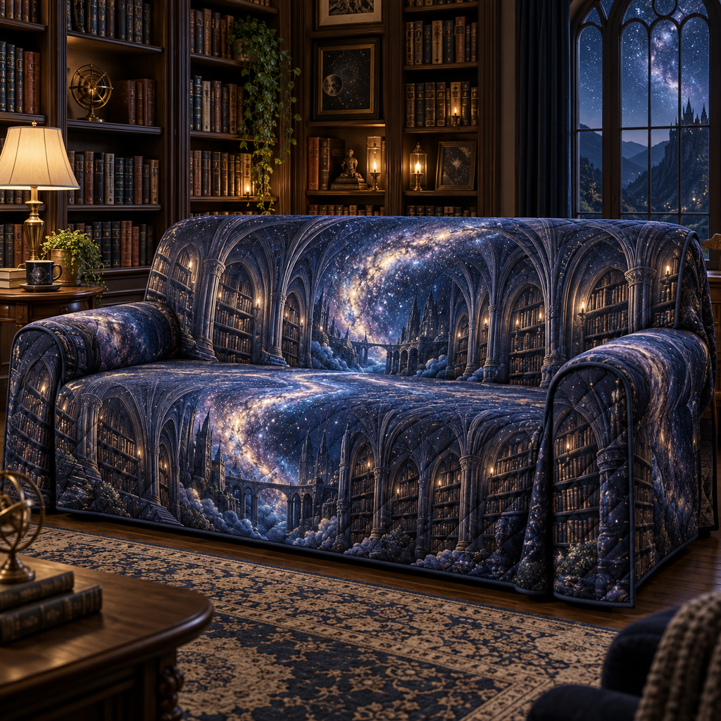 Milky Way Arch Reading Nook Sofa Cover with flat printed optical 3D Milky Way gothic library arches in midnight navy indigo amethyst icy blue and warm starlight