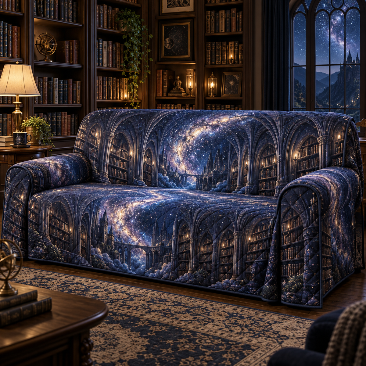 Milky Way Arch Reading Nook Sofa Cover with flat printed optical 3D Milky Way gothic library arches in midnight navy indigo amethyst icy blue and warm starlight