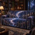 Milky Way Arch Reading Nook Sofa Cover with flat printed optical 3D Milky Way gothic library arches in midnight navy indigo amethyst icy blue and warm starlight