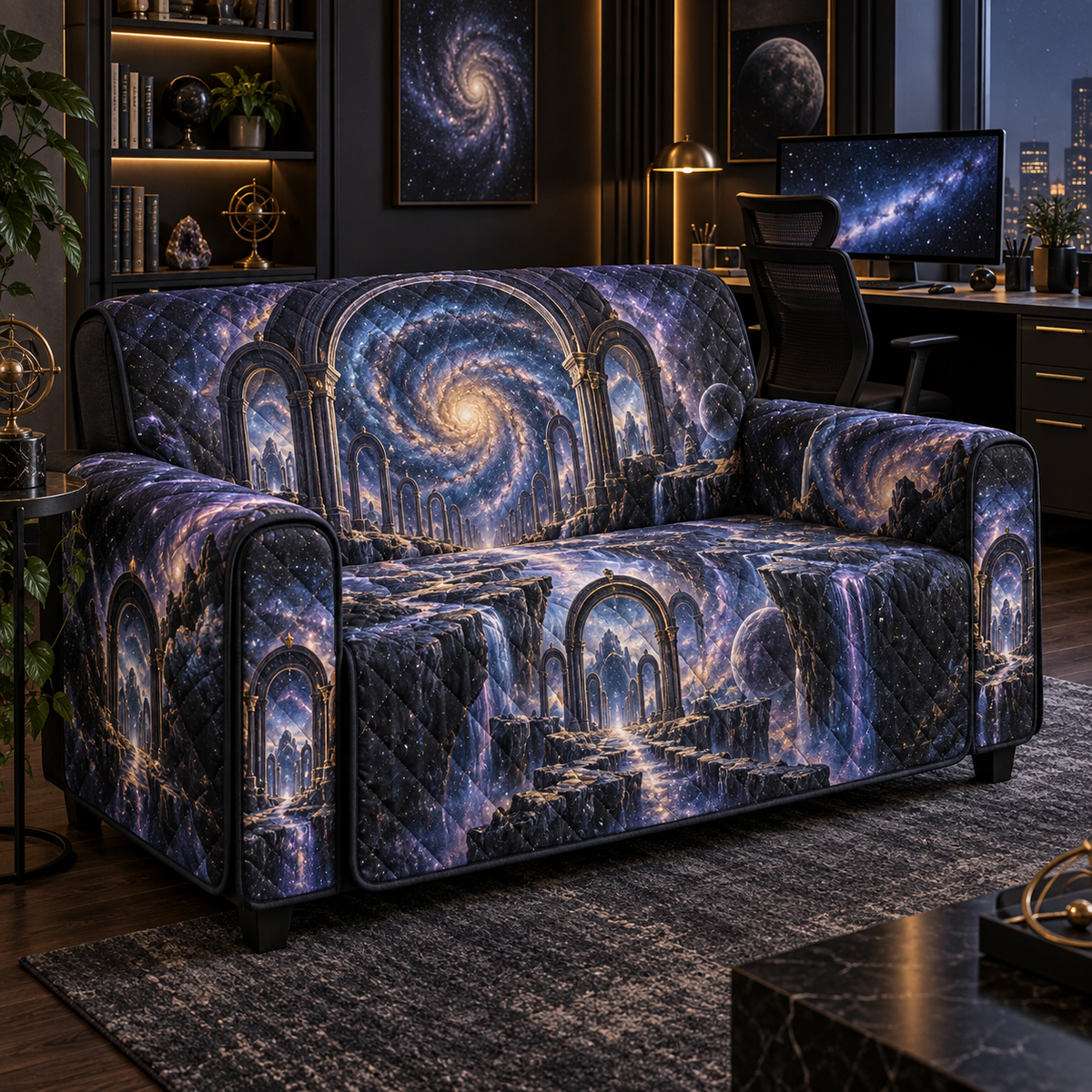 Milky Way Arch Home Office Sofa Cover with flat printed optical 3D Milky Way mirrored arches and cosmic canyon in obsidian navy indigo amethyst silver and warm gold