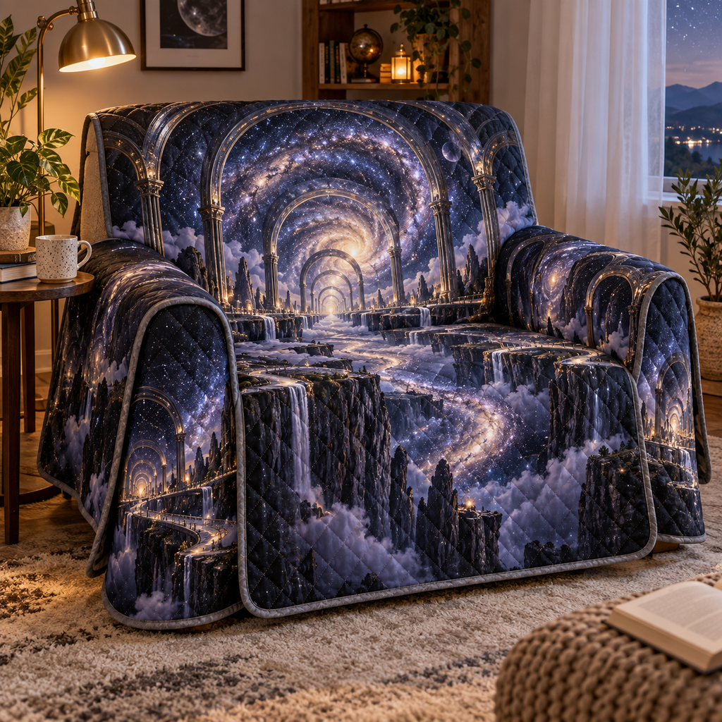 Milky Way Arch Quiet Corner Sofa Cover with flat printed optical 3D Milky Way mirrored arches and cosmic canyon in obsidian navy indigo amethyst silver and warm gold