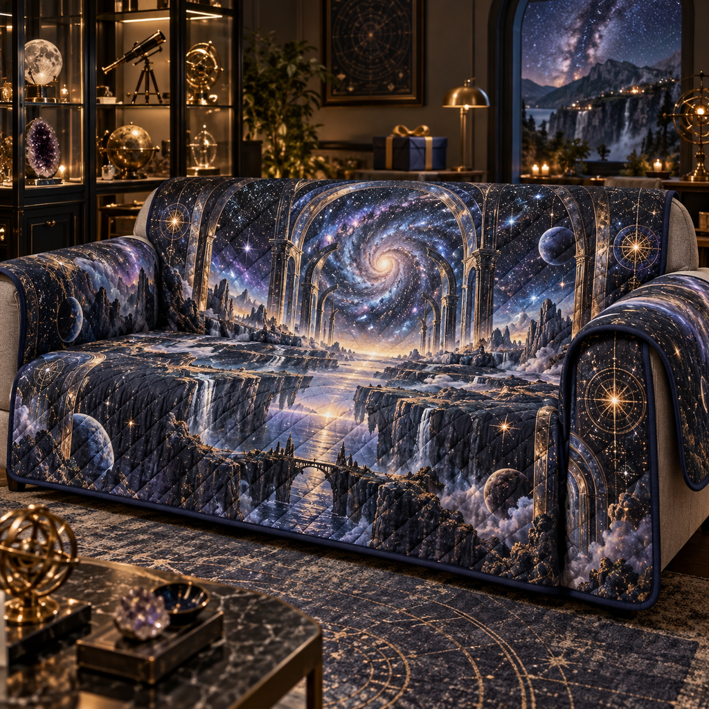 Milky Way Arch Collector Birthday Sofa Cover with flat printed optical 3D Milky Way mirrored arches and cosmic canyon in obsidian navy indigo amethyst silver and warm gold