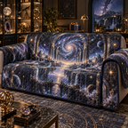 Milky Way Arch Collector Birthday Sofa Cover with flat printed optical 3D Milky Way mirrored arches and cosmic canyon in obsidian navy indigo amethyst silver and warm gold
