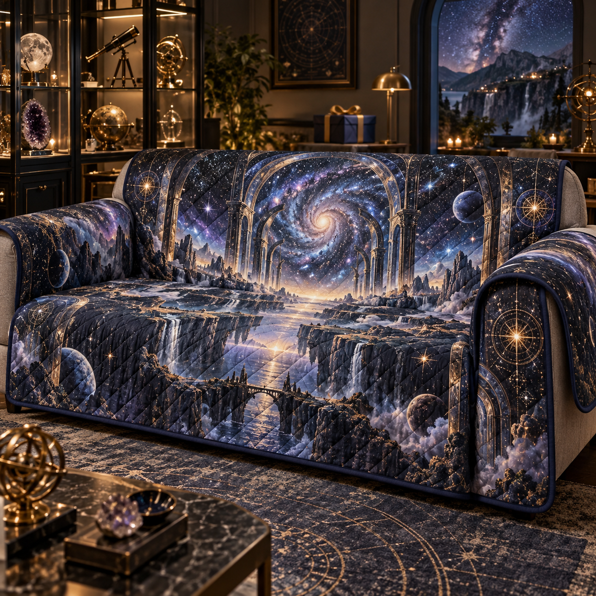 Milky Way Arch Collector Birthday Sofa Cover with flat printed optical 3D Milky Way mirrored arches and cosmic canyon in obsidian navy indigo amethyst silver and warm gold