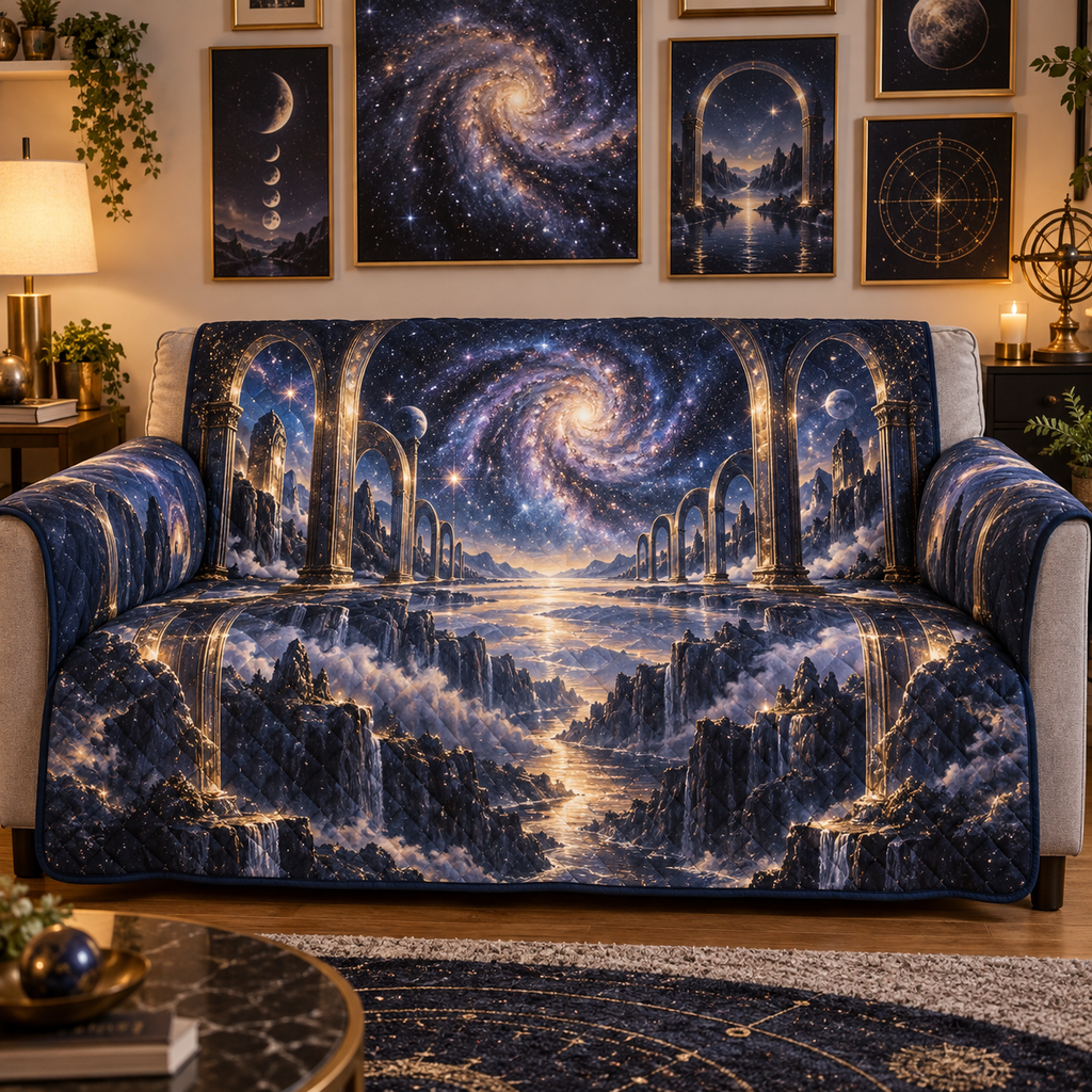 Milky Way Arch Apartment Gallery Sofa Cover with flat printed optical 3D Milky Way mirrored arches and cosmic canyon in midnight navy indigo amethyst silver and gold
