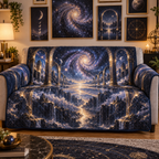 Milky Way Arch Apartment Gallery Sofa Cover with flat printed optical 3D Milky Way mirrored arches and cosmic canyon in midnight navy indigo amethyst silver and gold