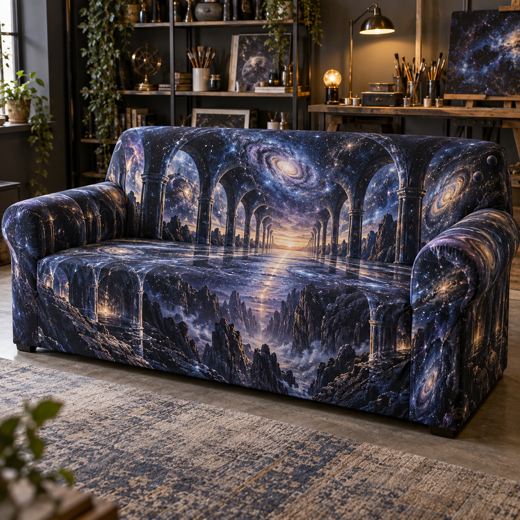 Milky Way Arch Hobby Studio Sofa Cover with flat printed optical 3D Milky Way mirrored arches and cosmic canyon in midnight navy indigo amethyst silver and gold
