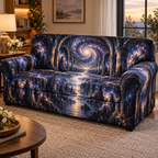 Milky Way Arch Host Thank You Sofa Cover with flat printed optical 3D Milky Way mirrored arches and cosmic canyon in midnight navy indigo amethyst silver and gold