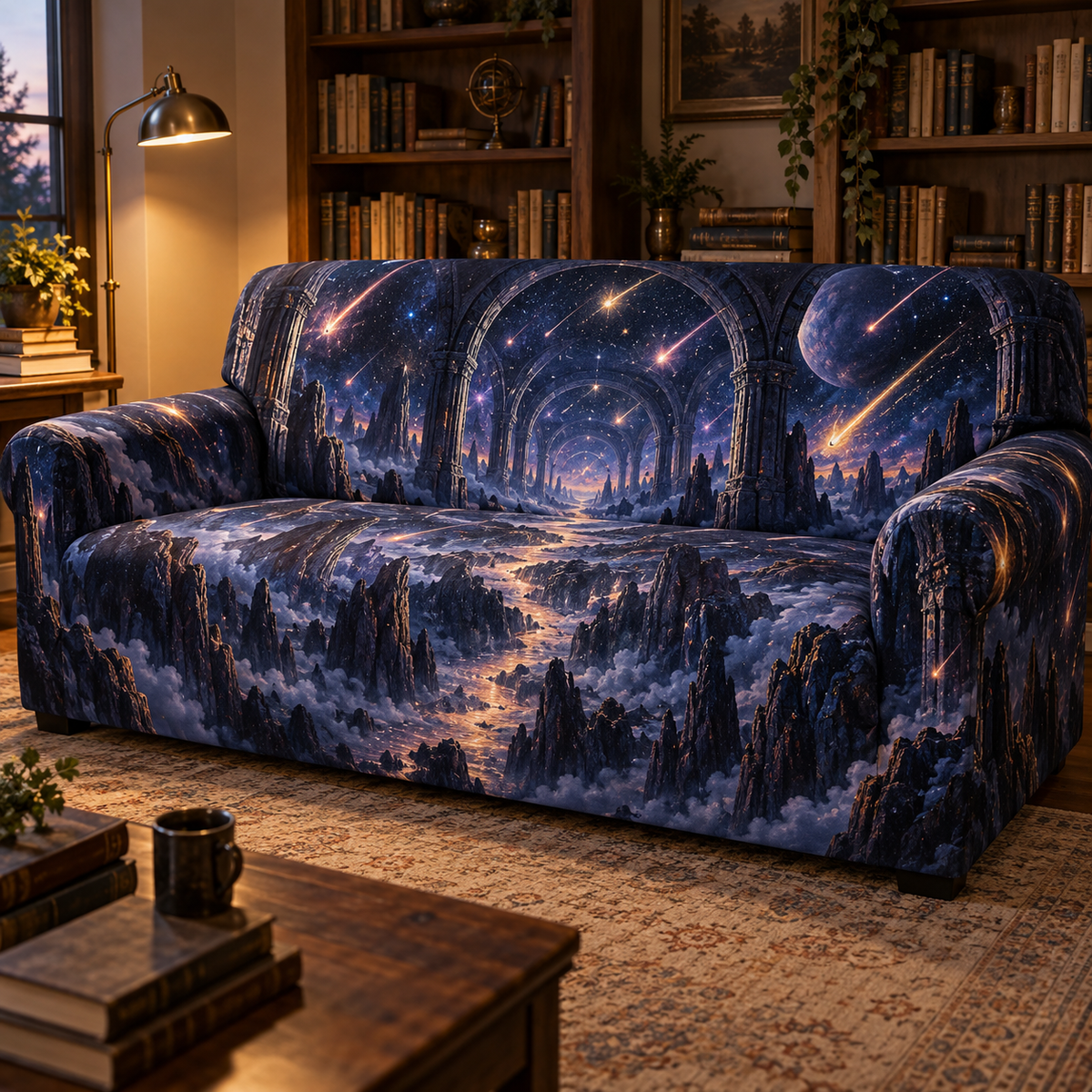 Meteor Shower Reading Nook Sofa Cover with flat printed optical 3D meteor shower through celestial arches into a star canyon in midnight navy violet copper and gold