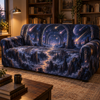 Meteor Shower Reading Nook Sofa Cover with flat printed optical 3D meteor shower through celestial arches into a star canyon in midnight navy violet copper and gold