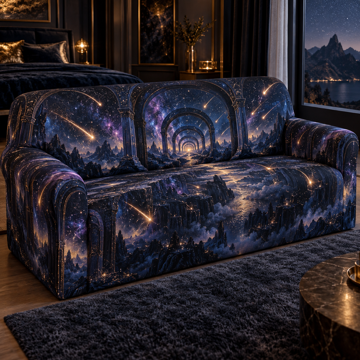 Meteor Shower Bedroom Statement Sofa Cover with flat printed optical 3D meteor shower through celestial arches into a star canyon in midnight navy violet copper and gold