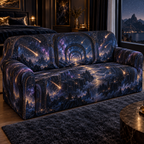 Meteor Shower Bedroom Statement Sofa Cover with flat printed optical 3D meteor shower through celestial arches into a star canyon in midnight navy violet copper and gold