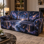 Meteor Shower Living Room Focal Sofa Cover with flat printed optical 3D meteor shower through celestial arches into a star canyon in midnight navy violet copper and gold