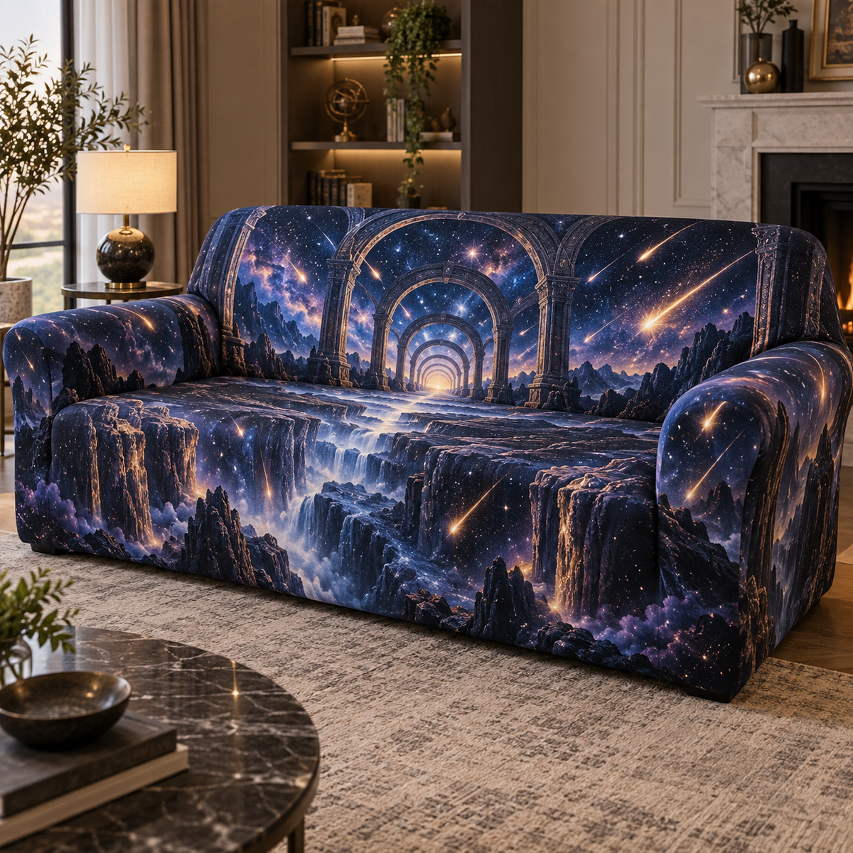 Meteor Shower Living Room Focal Sofa Cover with flat printed optical 3D meteor shower through celestial arches into a star canyon in midnight navy violet copper and gold