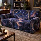 Meteor Shower Home Office Sofa Cover with flat printed optical 3D meteor shower through celestial arches into a star canyon in midnight navy violet copper and gold
