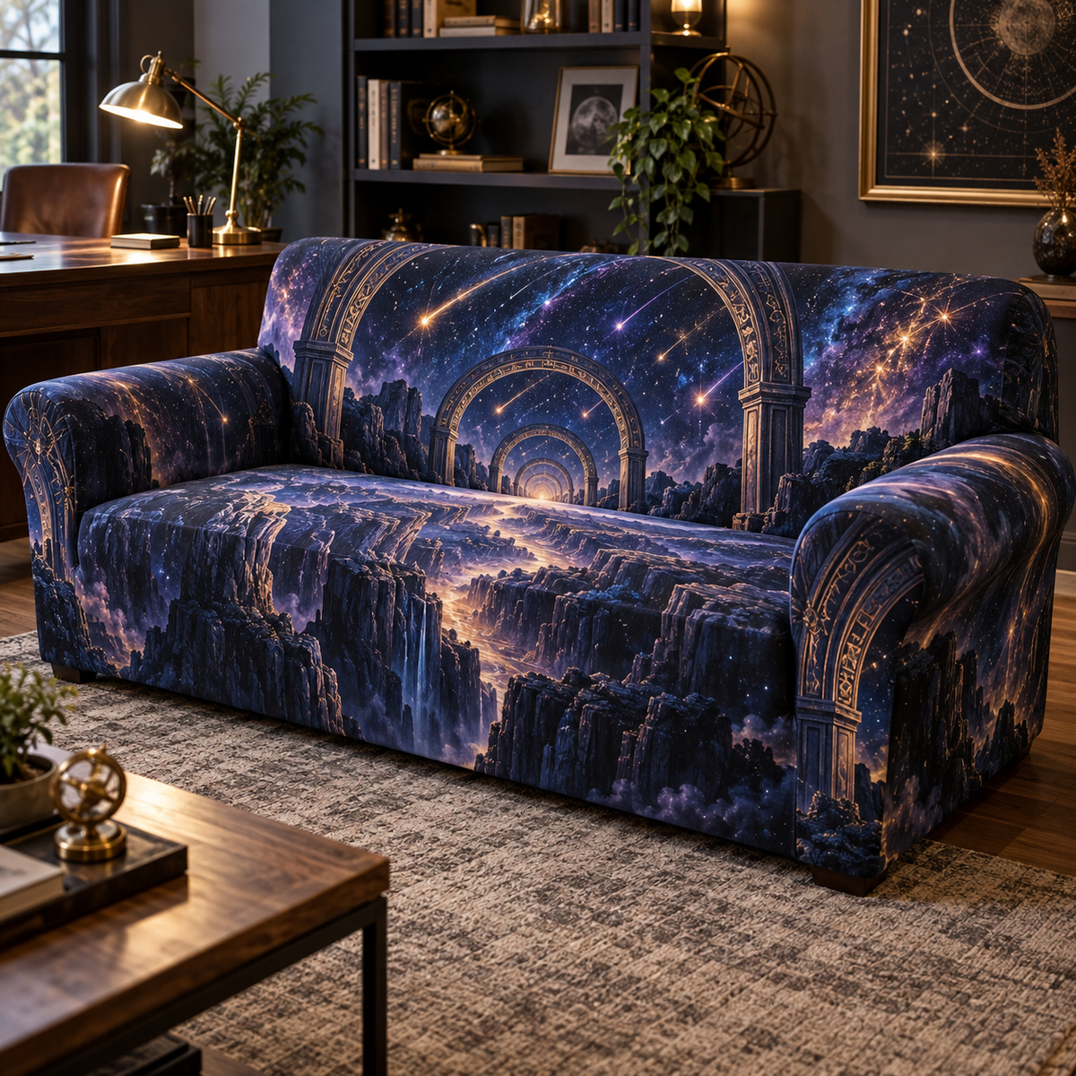 Meteor Shower Home Office Sofa Cover with flat printed optical 3D meteor shower through celestial arches into a star canyon in midnight navy violet copper and gold