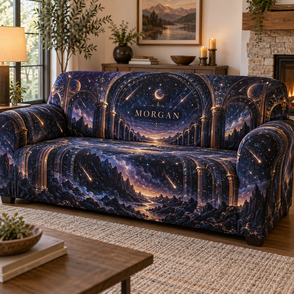 Meteor Shower Personalized Housewarming Sofa Cover personalized with sample family name, flat printed optical 3D meteor shower through celestial arches and star canyon