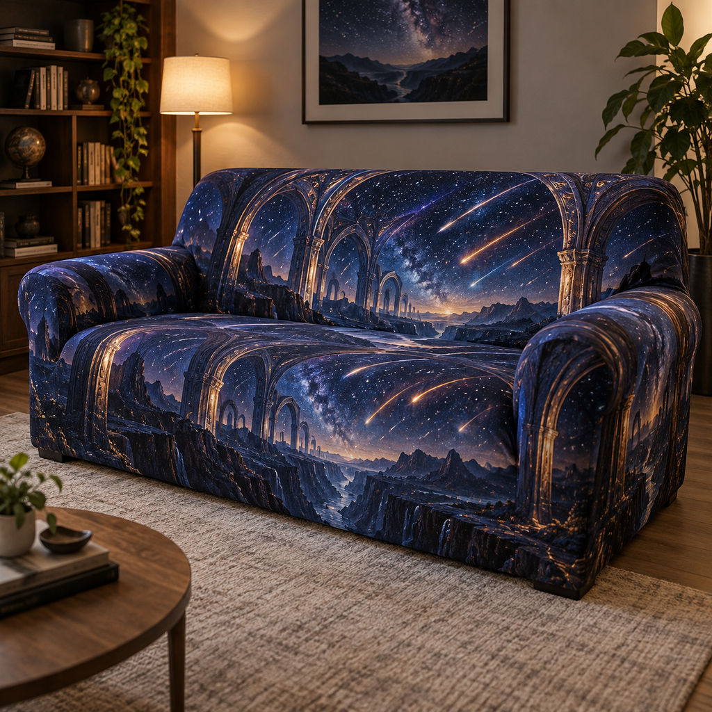 Meteor Shower Quiet Corner Sofa Cover with flat printed optical 3D meteor shower through celestial arches into a star canyon in midnight navy violet copper and gold
