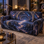 Meteor Shower Collector Birthday Sofa Cover with flat printed optical 3D meteor shower through celestial arches into a star canyon in midnight navy violet copper and gold