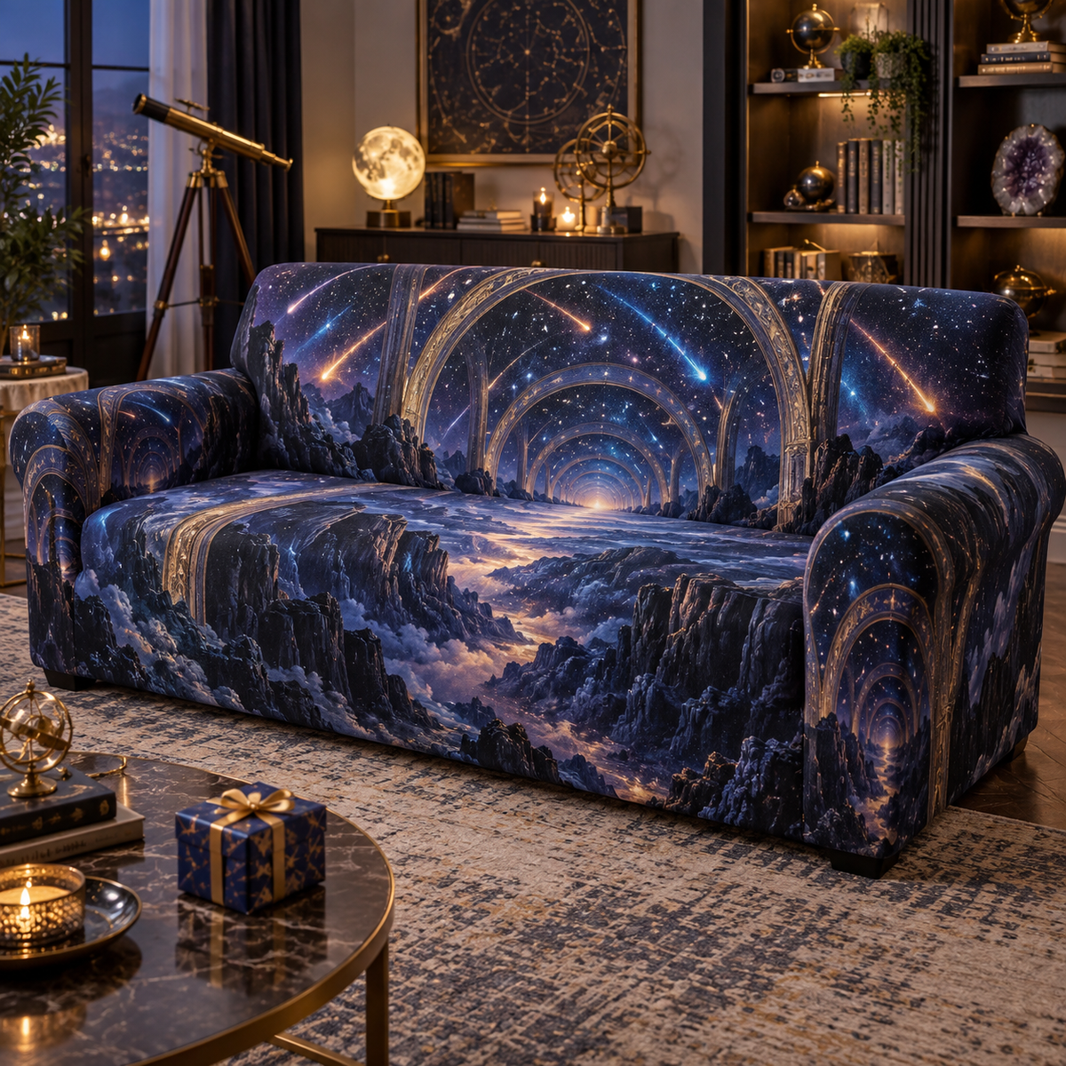 Meteor Shower Collector Birthday Sofa Cover with flat printed optical 3D meteor shower through celestial arches into a star canyon in midnight navy violet copper and gold