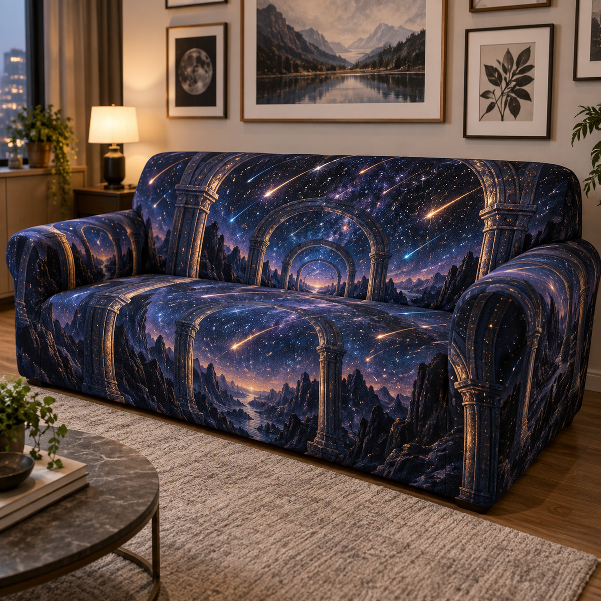 Meteor Shower Apartment Gallery Sofa Cover with flat printed optical 3D meteor shower through celestial arches into a star canyon in midnight navy violet copper and gold