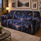 Meteor Shower Apartment Gallery Sofa Cover with flat printed optical 3D meteor shower through celestial arches into a star canyon in midnight navy violet copper and gold