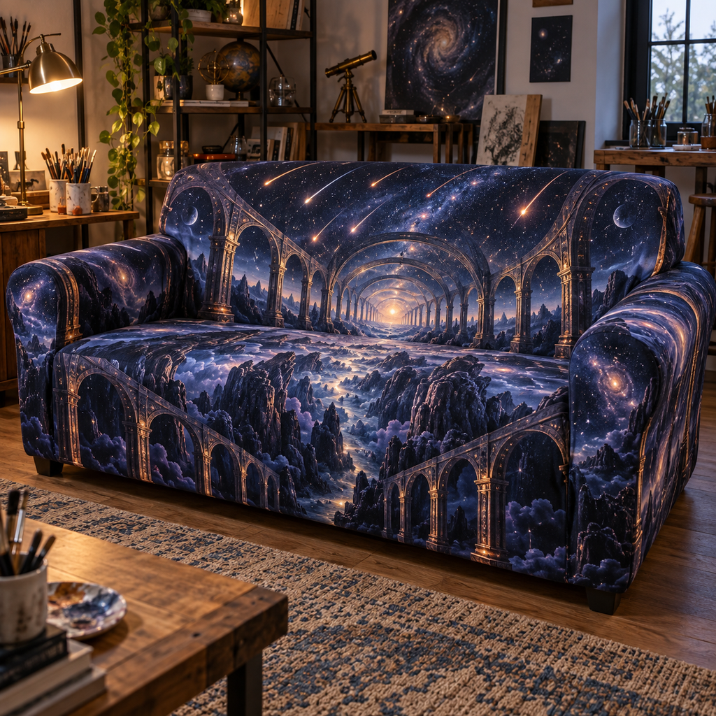 Meteor Shower Hobby Studio Sofa Cover with flat printed optical 3D meteor shower through celestial arches into a star canyon in midnight navy violet copper and gold