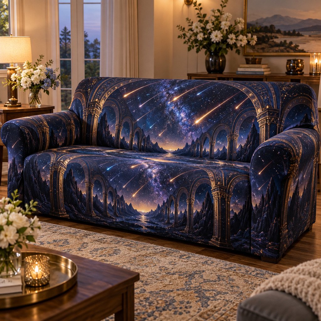 Meteor Shower Host Thank You Sofa Cover with flat printed optical 3D meteor shower through celestial arches into a star canyon in midnight navy violet copper and gold