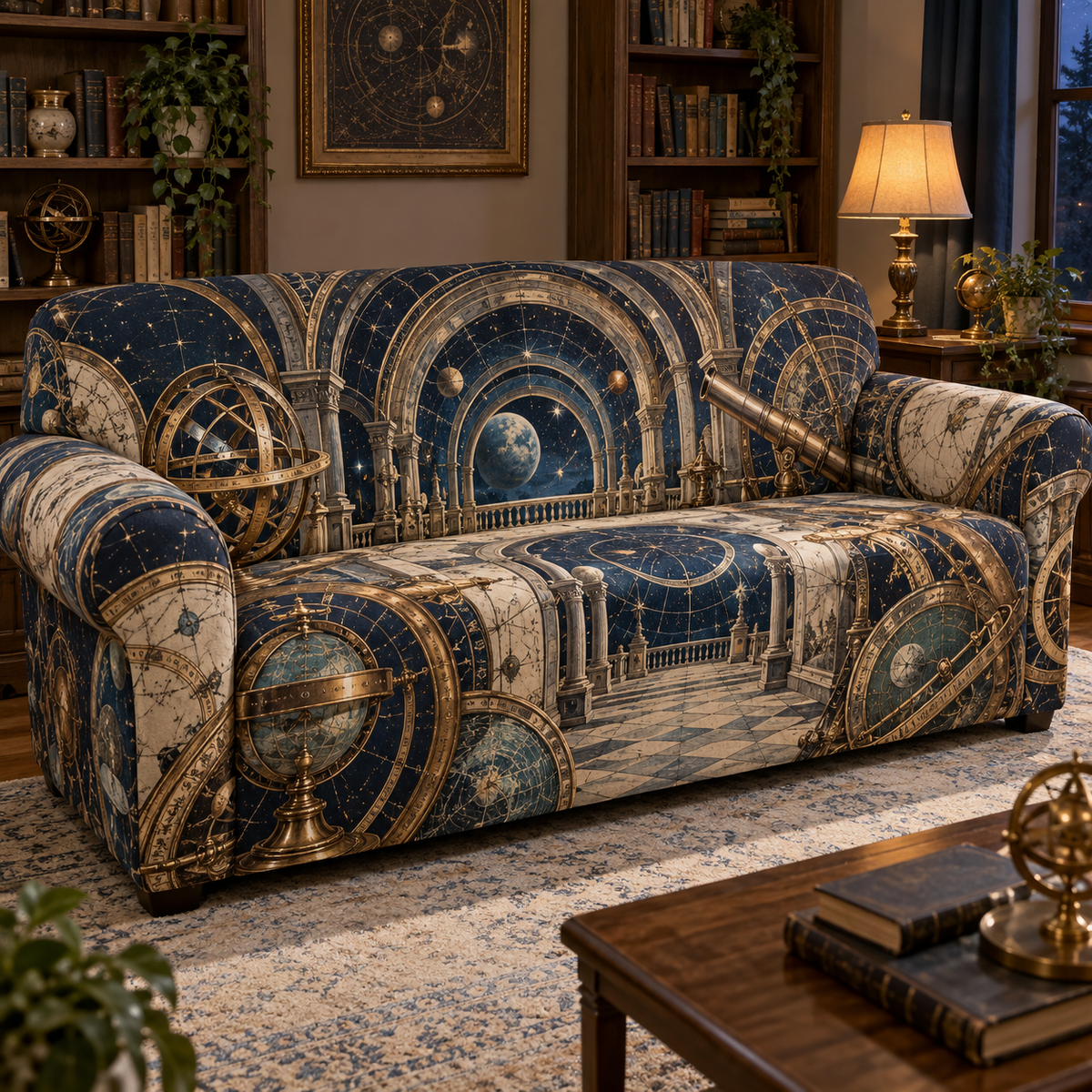 Astronomical Instruments Reading Nook Sofa Cover with flat printed optical 3D armillary spheres astrolabes and telescope optics through observatory arches in aged brass navy parchment and teal