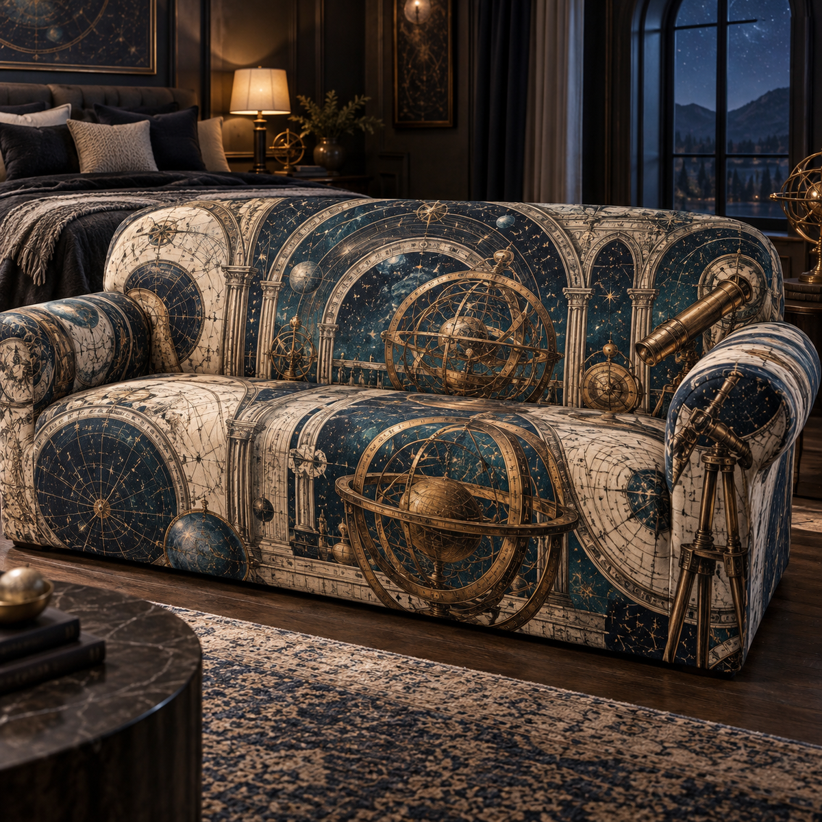 Astronomical Instruments Bedroom Statement Sofa Cover with flat printed optical 3D armillary spheres astrolabes and telescope optics through observatory arches in aged brass navy parchment and teal