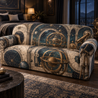 Astronomical Instruments Bedroom Statement Sofa Cover with flat printed optical 3D armillary spheres astrolabes and telescope optics through observatory arches in aged brass navy parchment and teal