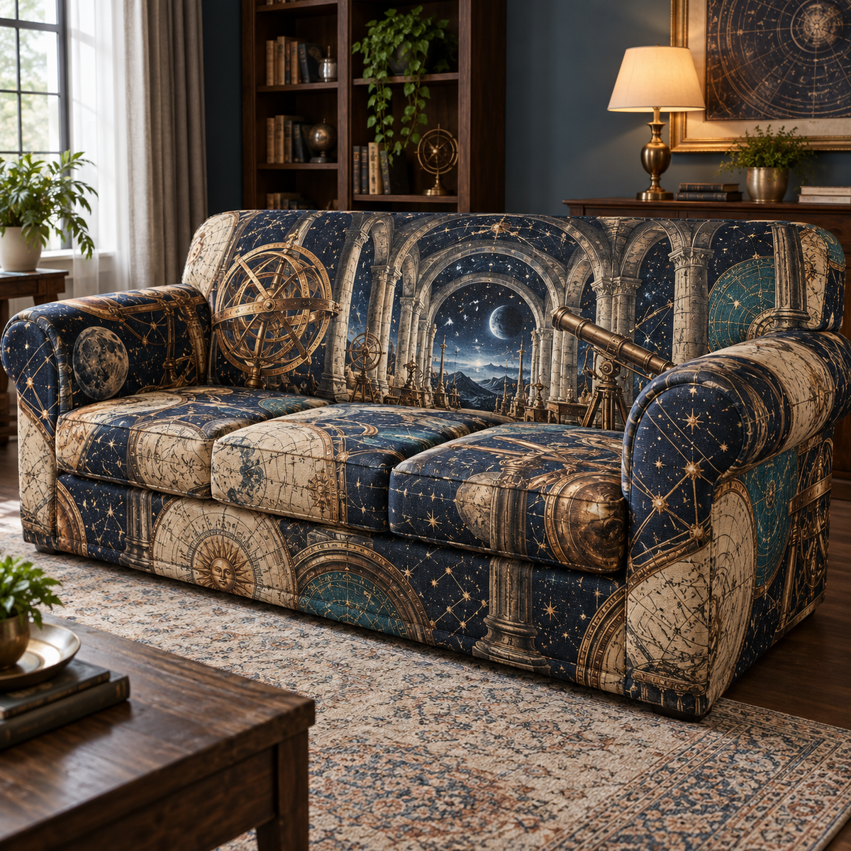 Astronomical Instruments Living Room Sofa Cover with flat printed optical 3D armillary spheres astrolabes and telescope optics through observatory arches in aged brass navy parchment and teal