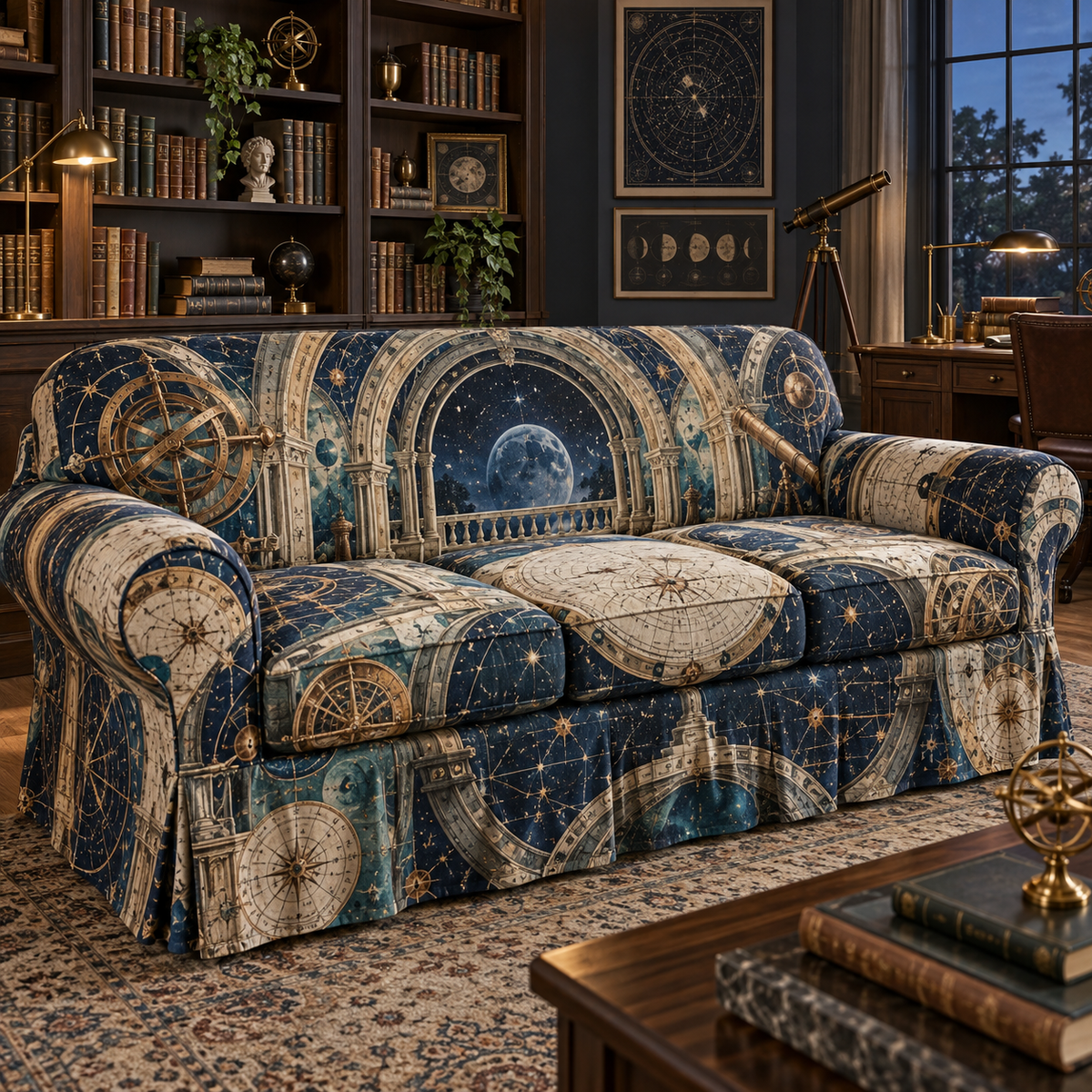 Astronomical Instruments Home Office Sofa Cover with flat printed optical 3D armillary spheres astrolabes and telescope optics through observatory arches in aged brass navy parchment and teal