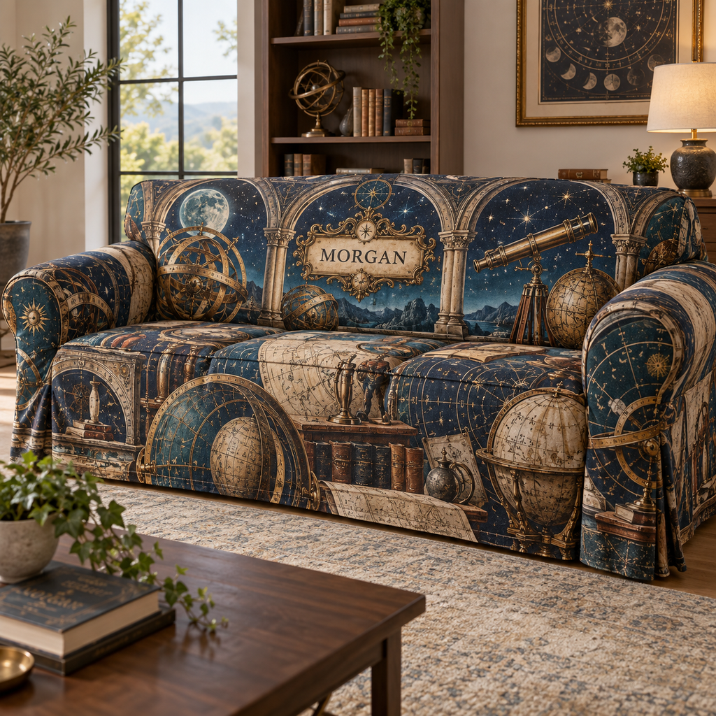 Astronomical Instruments Housewarming Sofa Cover with sample family name printed in optical 3D armillary spheres astrolabes and observatory arches