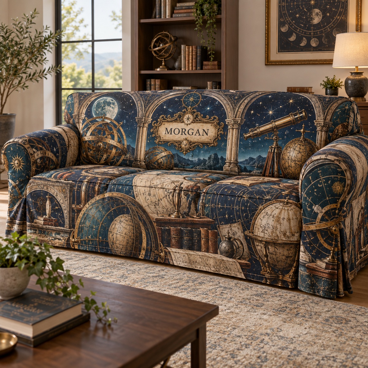 Astronomical Instruments Housewarming Sofa Cover with sample family name printed in optical 3D armillary spheres astrolabes and observatory arches