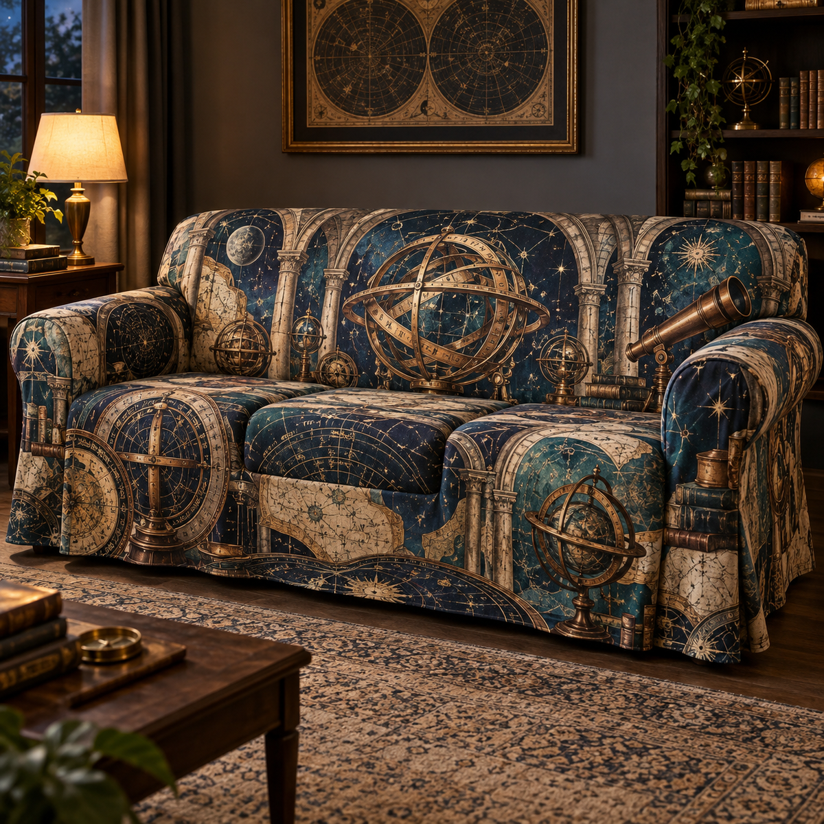 Astronomical Instruments Quiet Corner Sofa Cover with flat printed optical 3D armillary spheres astrolabes and telescope optics through observatory arches in aged brass navy parchment and teal