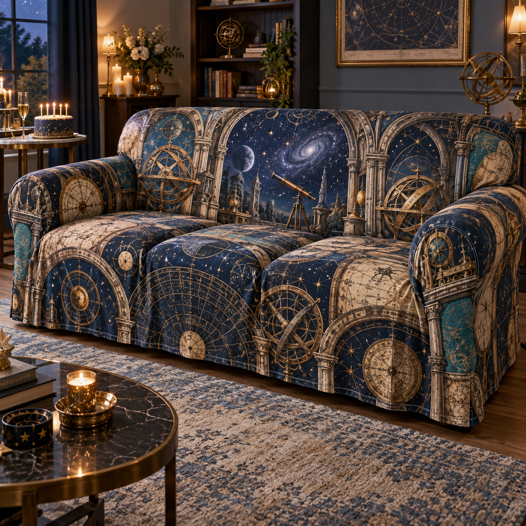 Astronomical Instruments Collector Sofa Cover with flat printed optical 3D armillary spheres astrolabes and telescope optics through observatory arches in aged brass navy parchment and teal