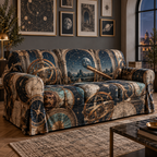 Astronomical Instruments Apartment Gallery Sofa Cover with flat printed optical 3D armillary spheres astrolabes and telescope optics through observatory arches in aged brass navy parchment and teal