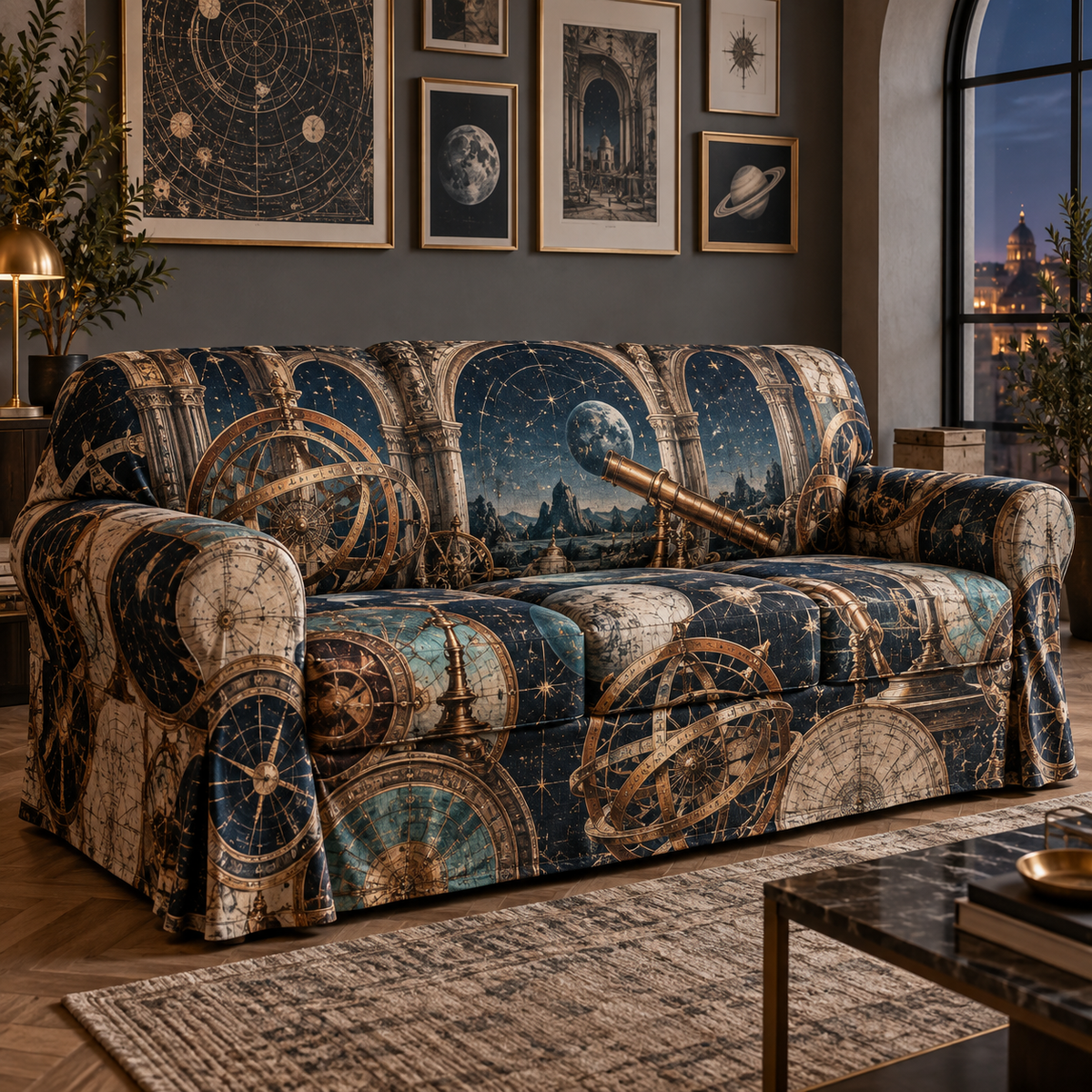 Astronomical Instruments Apartment Gallery Sofa Cover with flat printed optical 3D armillary spheres astrolabes and telescope optics through observatory arches in aged brass navy parchment and teal