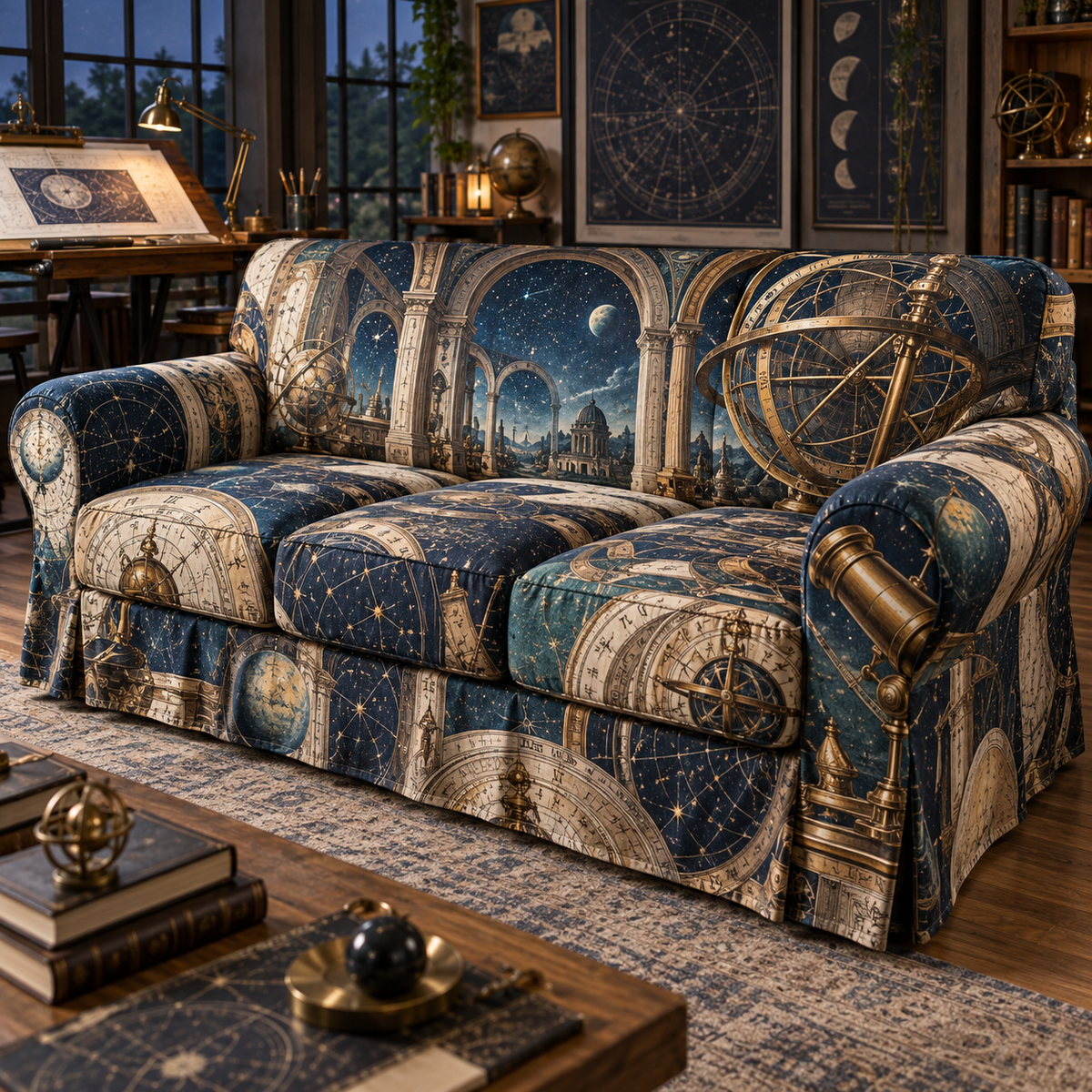 Astronomical Instruments Hobby Studio Sofa Cover with flat printed optical 3D armillary spheres astrolabes and telescope optics through observatory arches in aged brass navy parchment and teal