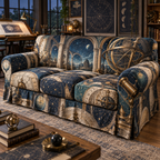 Astronomical Instruments Hobby Studio Sofa Cover with flat printed optical 3D armillary spheres astrolabes and telescope optics through observatory arches in aged brass navy parchment and teal