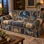 Astronomical Instruments Host Gift Sofa Cover with flat printed optical 3D armillary spheres astrolabes and telescope optics through observatory arches in aged brass navy parchment and teal